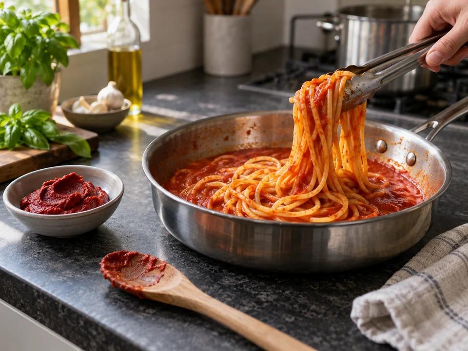 濃縮トマトを使った赤いソースでスパゲッティを和える