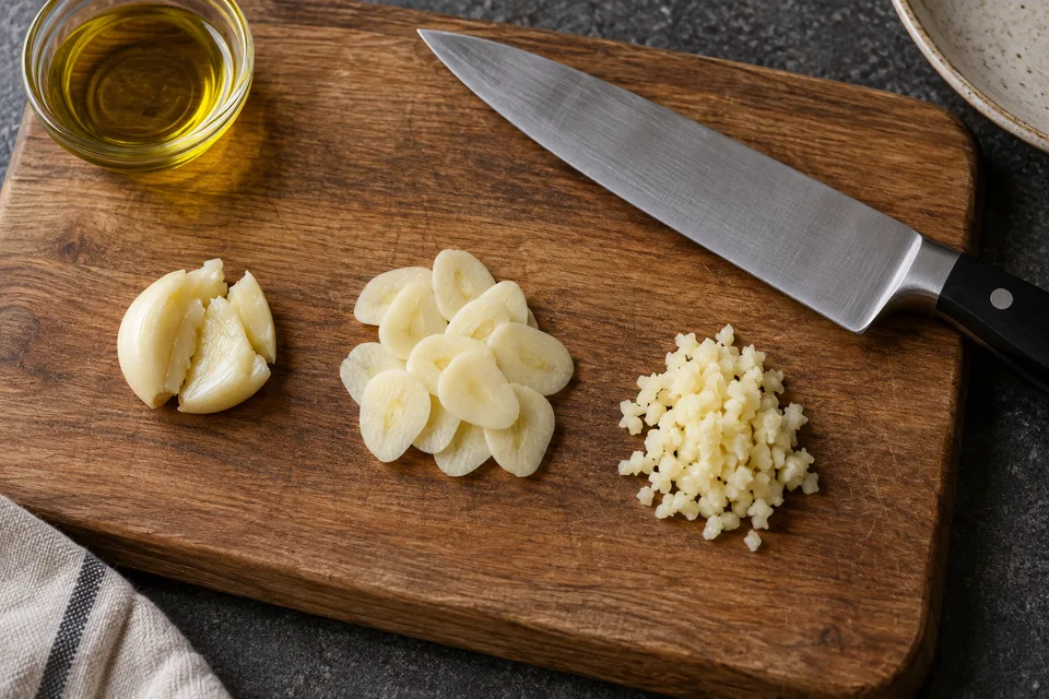 Crushed, sliced and minced garlic, prepared for comparison.