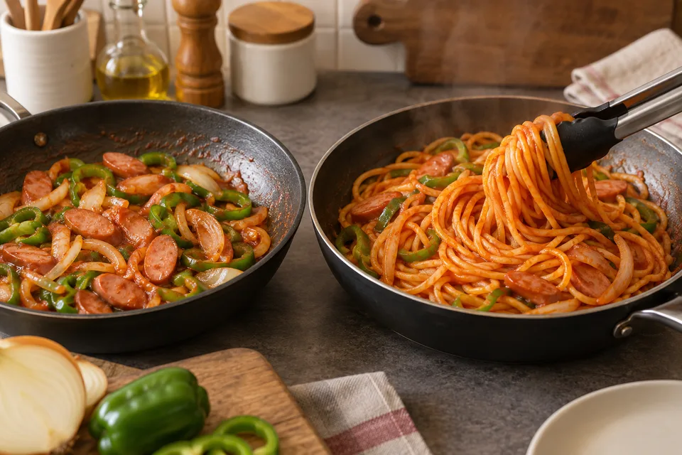 具を炒めて和える工程と、麺を炒め合わせる工程のイメージ