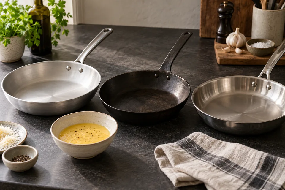 Aluminum, iron and stainless-steel pans illustrate different choices for managing sauce temperature.