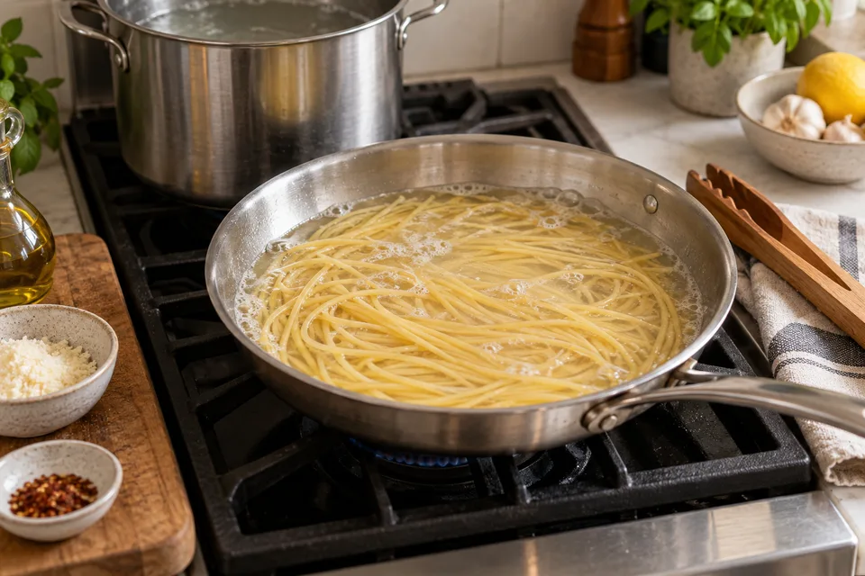 浅いフライパンで少ない湯を使って麺を茹でるイメージ