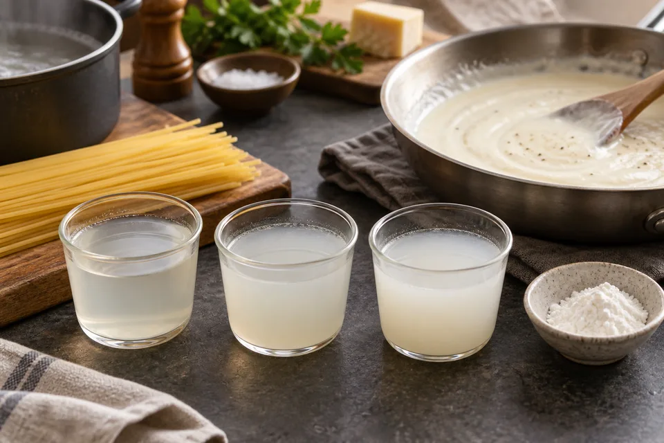 Cloudy pasta water and additional starch illustrate separate ways of adjusting a sauce.