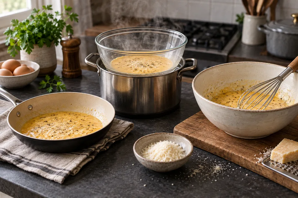 Direct heat, a double boiler and residual heat offer different routes to an egg sauce.