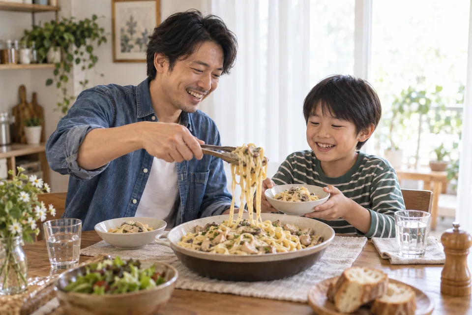 鶏肉ときのこのフェットチーネを分け合う