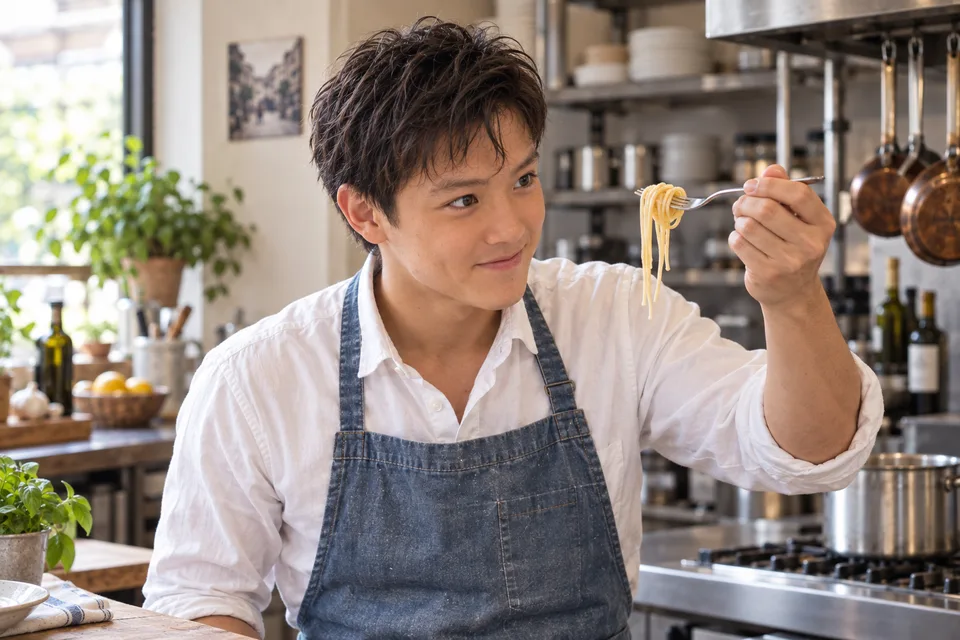 Tasting one strand of pasta to check its doneness