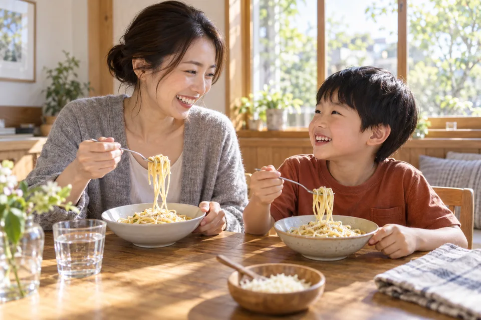 バターのパスタを休日の食卓で楽しむ