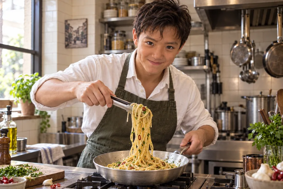 A cook lifting spaghetti to check how the sauce coats it