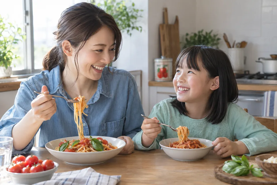 生トマトと缶トマトで作ったパスタを食卓で比べる
