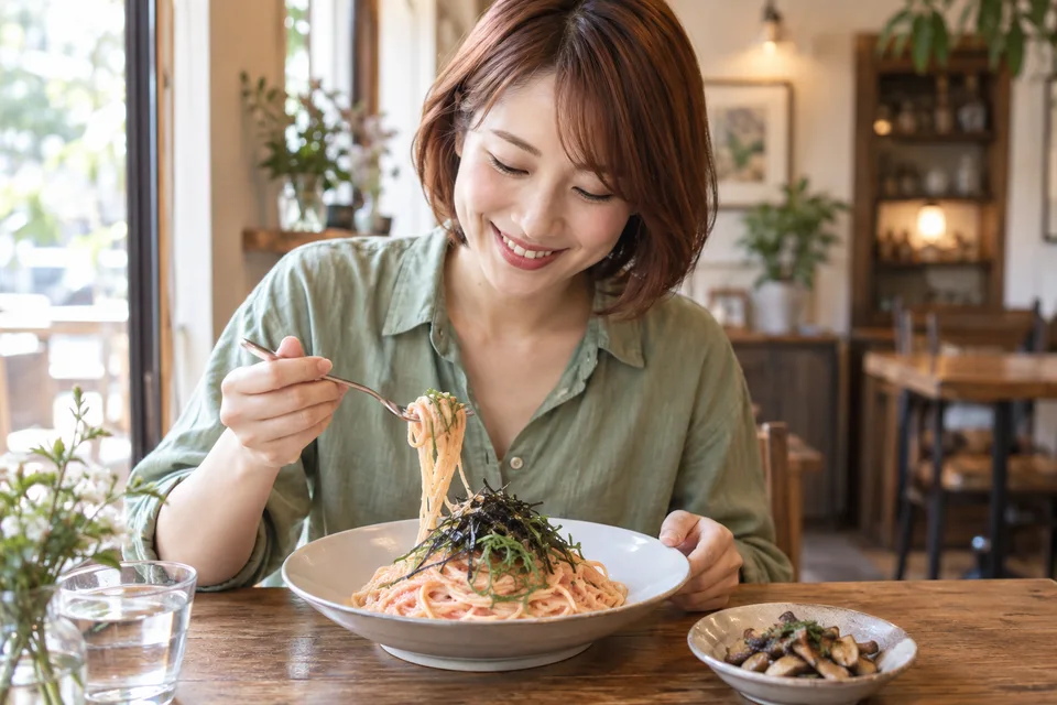 海苔と大葉を添えた明太子パスタを楽しむ
