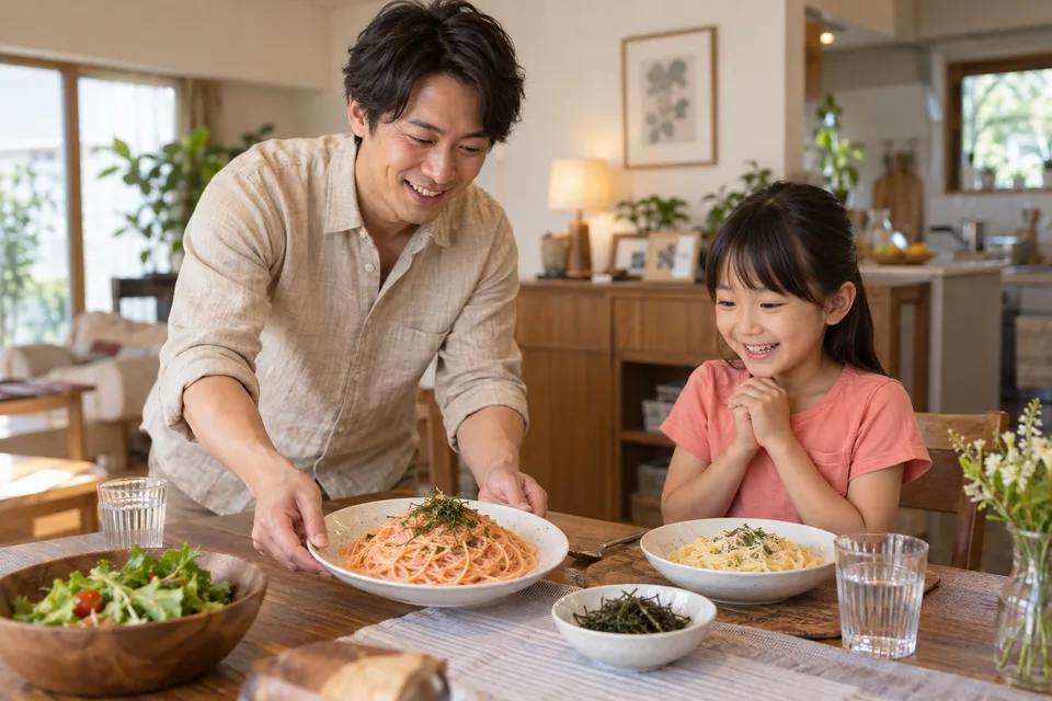 海苔を別添えにして、できたてのパスタを食卓へ