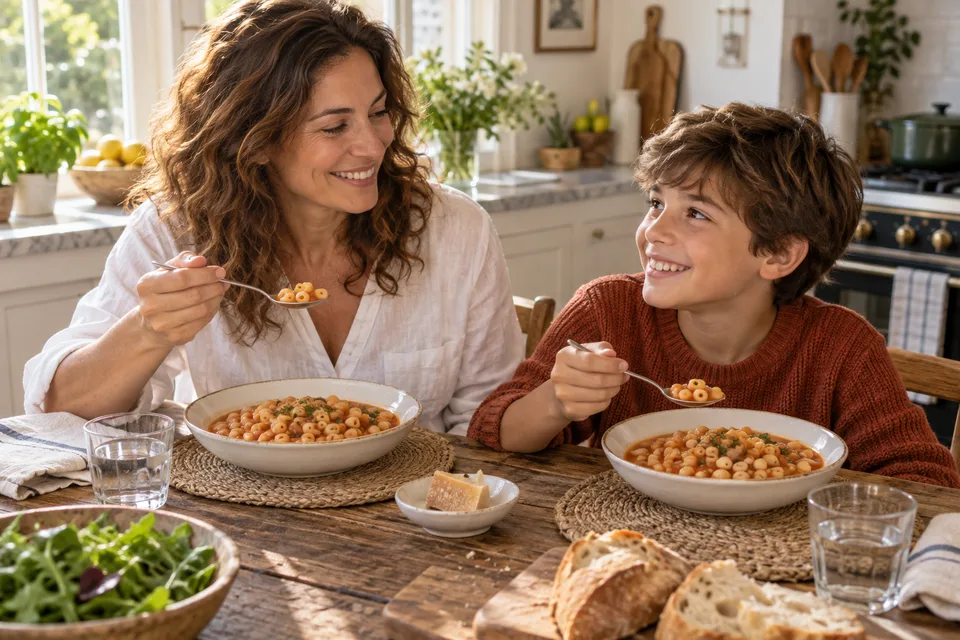 チーズの皮を取り除いた豆のパスタを親子で味わう