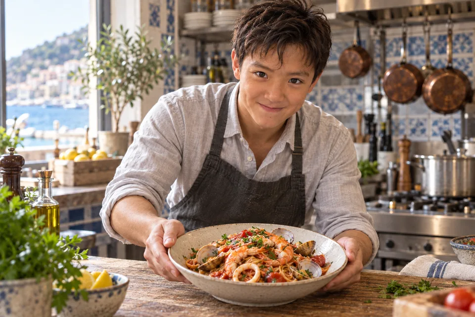 魚介のペスカトーレを食卓へ運ぶ料理人
