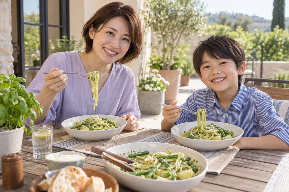 じゃがいもといんげん入りのジェノベーゼを親子で楽しむ