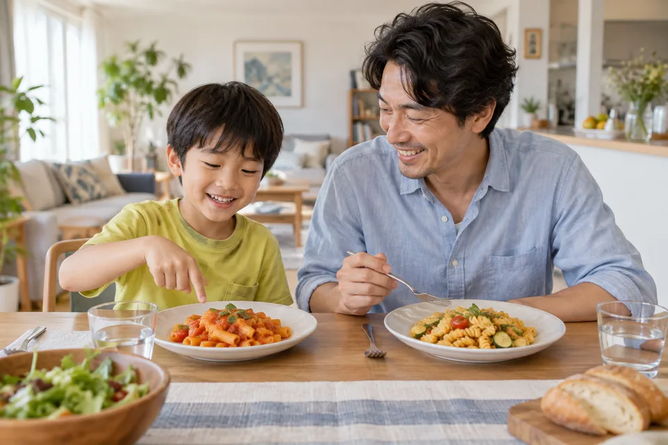 リガトーニとフジッリの形を楽しむ親子の食卓
