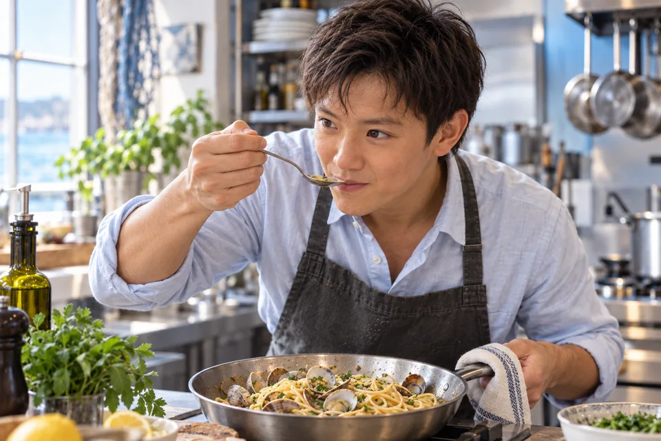 麺とアサリを和えた後、少量を味見する
