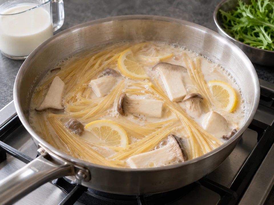鶏肉のクリーム・スパゲッティー：スパゲッティーとエリンギをクリームスープで煮る手元。