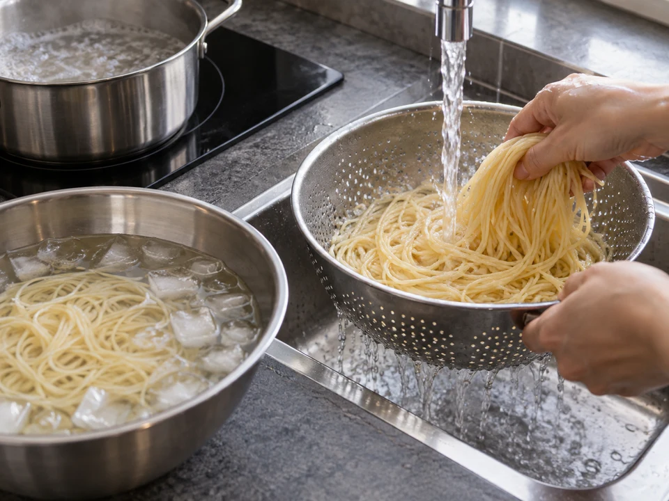 冷製明太子のスパゲッティー：麺を冷製向けにゆでる様子
