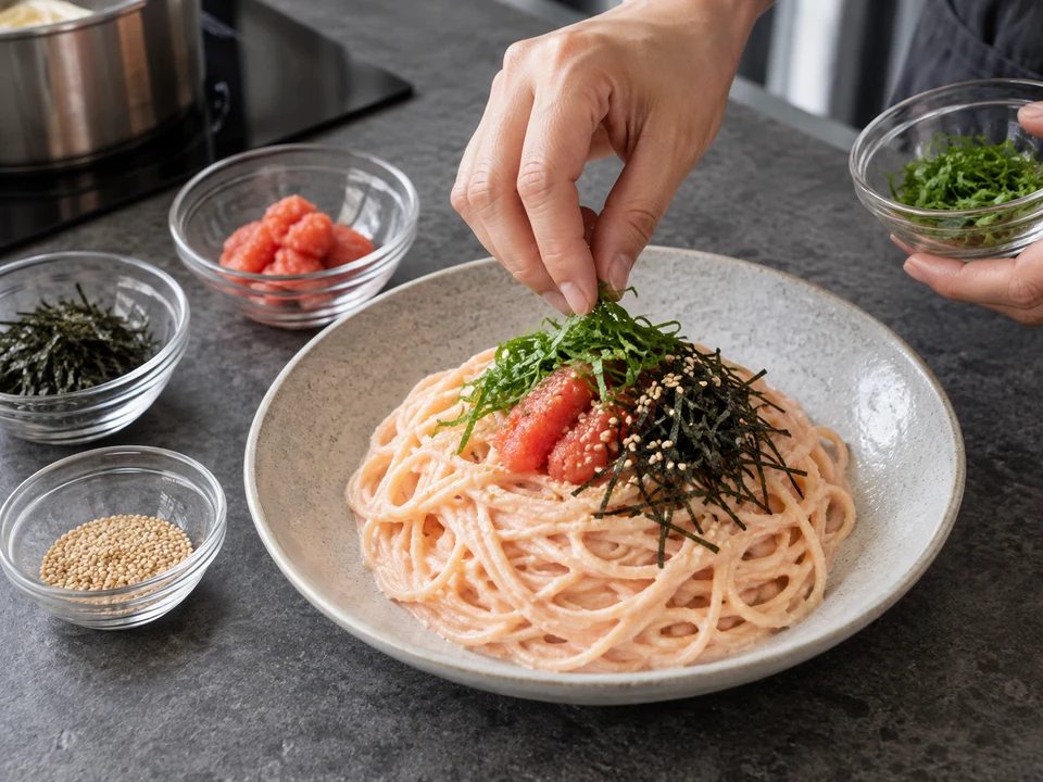 冷製明太子のスパゲッティー：薬味を重ねる様子