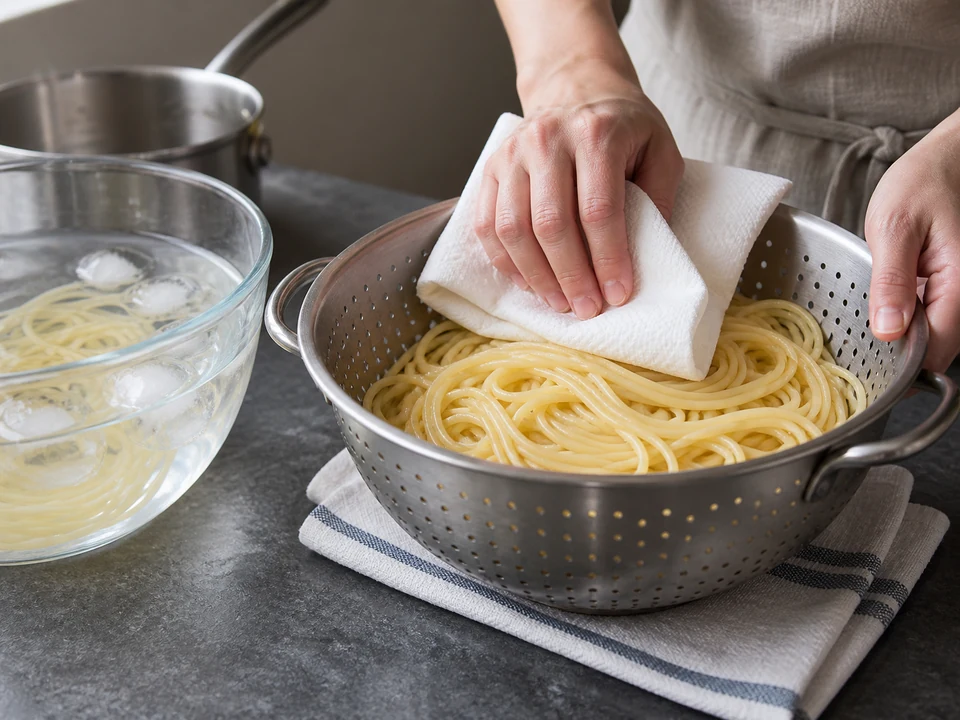 冷製トマトのスパゲッティー：麺を完全に冷やす。