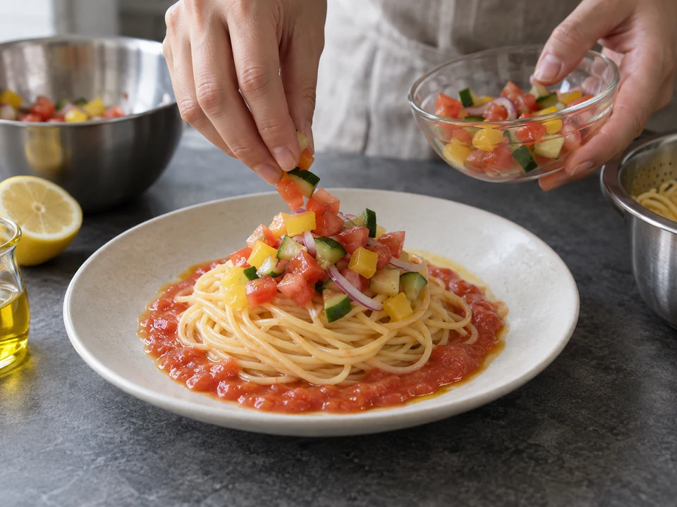 冷製トマトのスパゲッティー：皿の上で組み立てる。