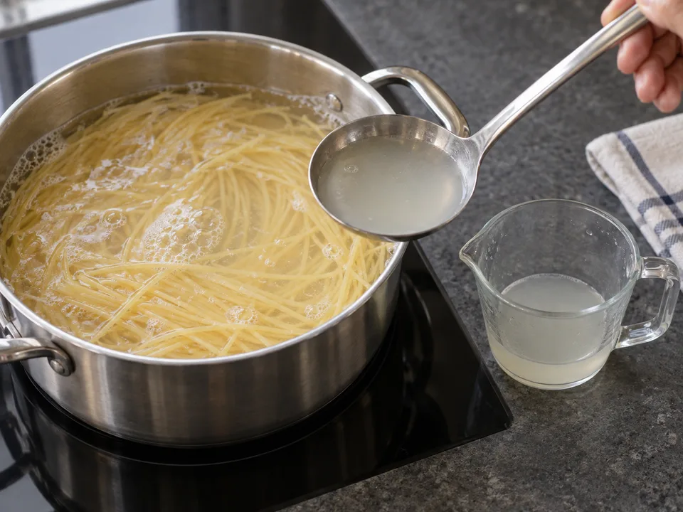 スパゲッティを茹でている鍋から、お玉で茹で汁を取り分ける場面