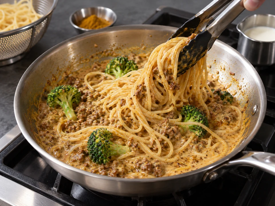 カレー・スパゲッティー：カレークリームでスパゲッティーとブロッコリーを和える手元。