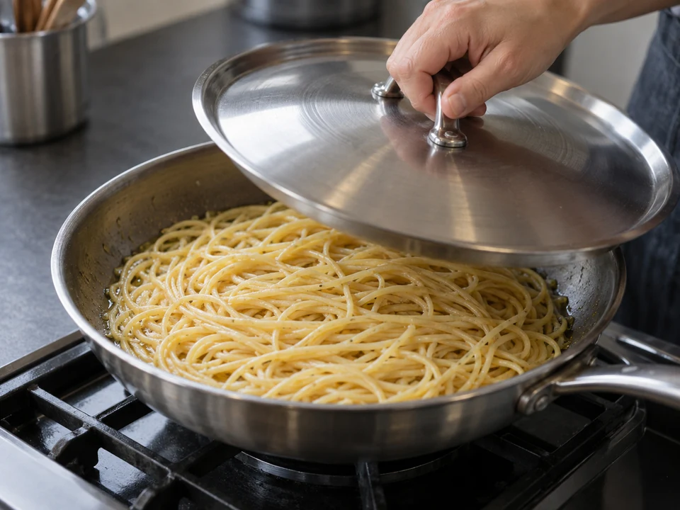 スパゲッティーのフリッタータ：片面を固める。