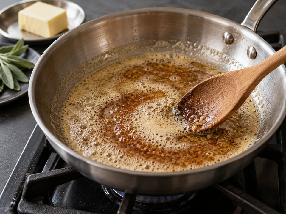 バターとセージのニョッキ：泡立つバターを茶色く香ばしく加熱する手元。