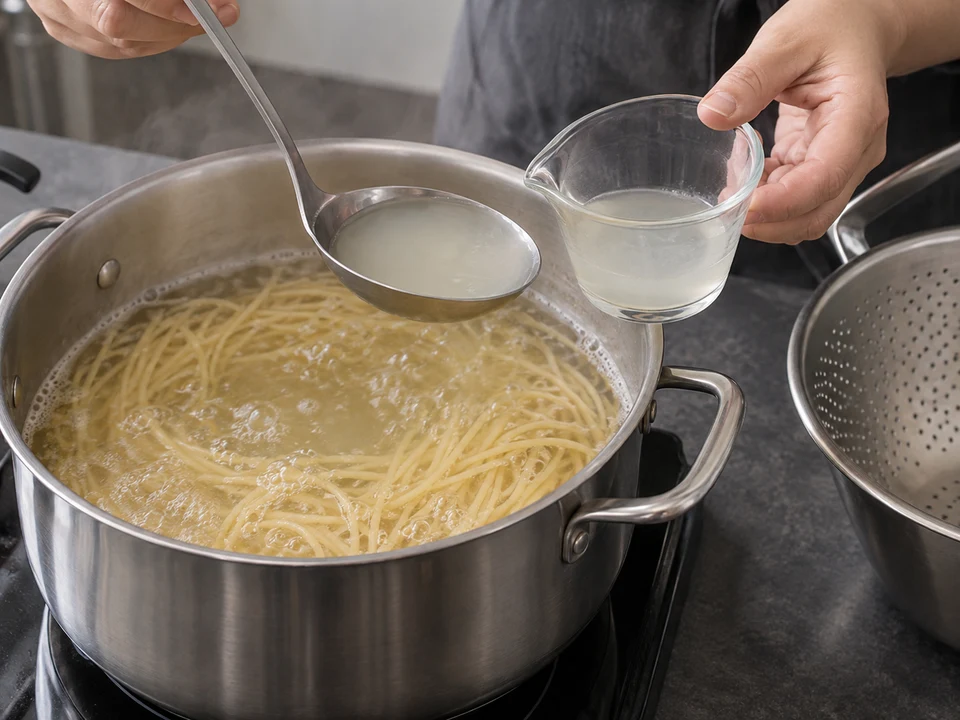 納豆のスパゲッティー：ゆで上がったスパゲッティーの鍋からゆで汁を取る手元。
