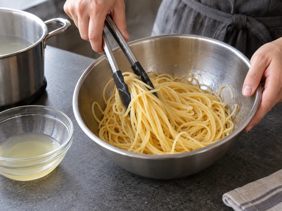 納豆のスパゲッティー：鶏がらのゆで汁で熱いスパゲッティーを和える手元。