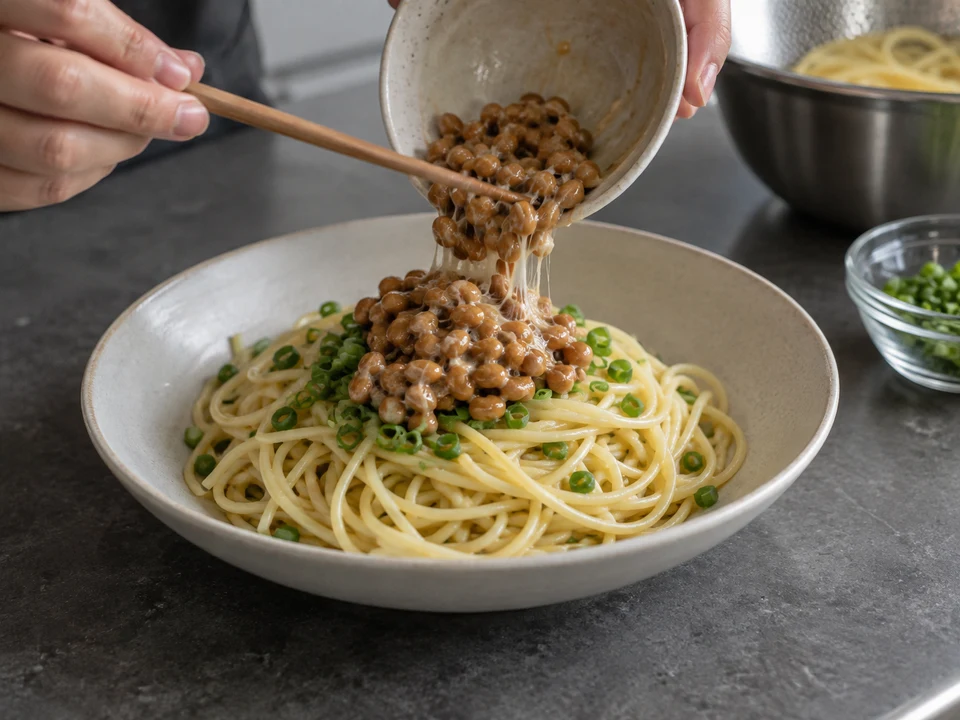 納豆のスパゲッティー：味を含ませたスパゲッティーの中央に納豆をのせる手元。
