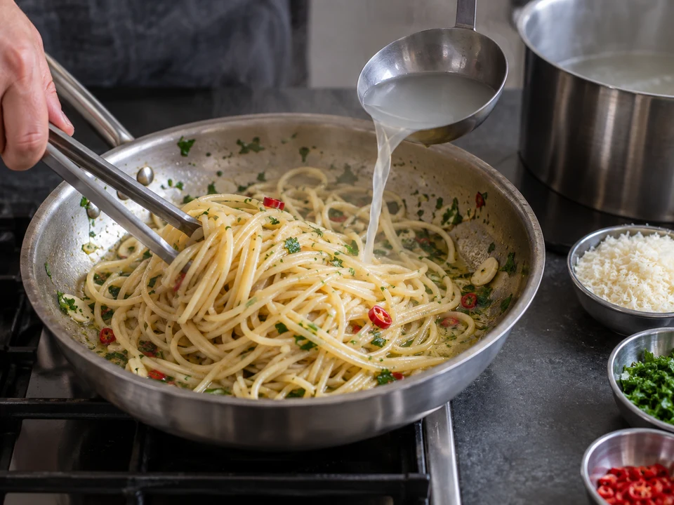 スパゲッティー・アラ・カレッティエーラ：スパゲッティーとペコリーノをゆで汁で素早く乳化する手元。