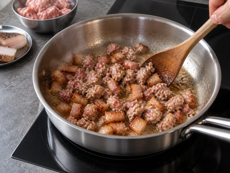 リガトーニ・アラ・ゾッツォーナ：二つの豚肉を焼く様子