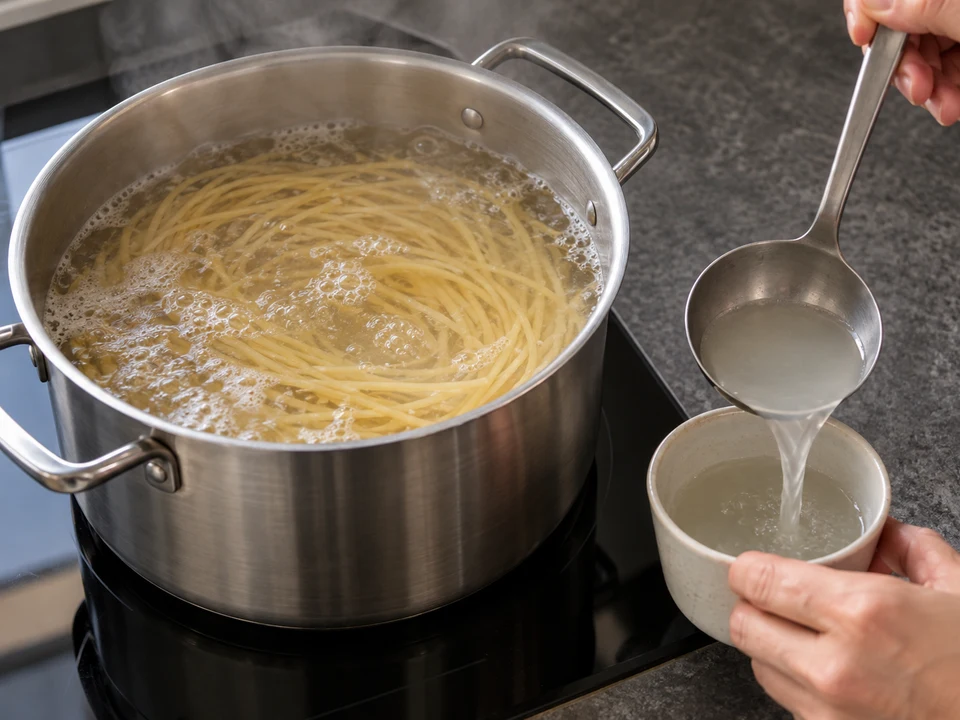 ボッタルガのスパゲッティー：麺をゆでる様子