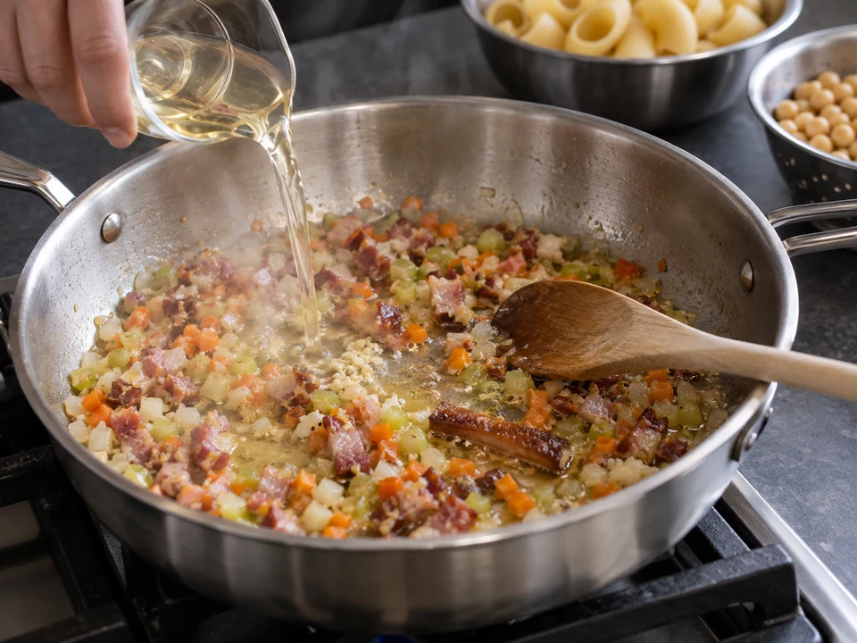 パスタ・エ・チェーチ：パンチェッタ入りの香味野菜を炒める。