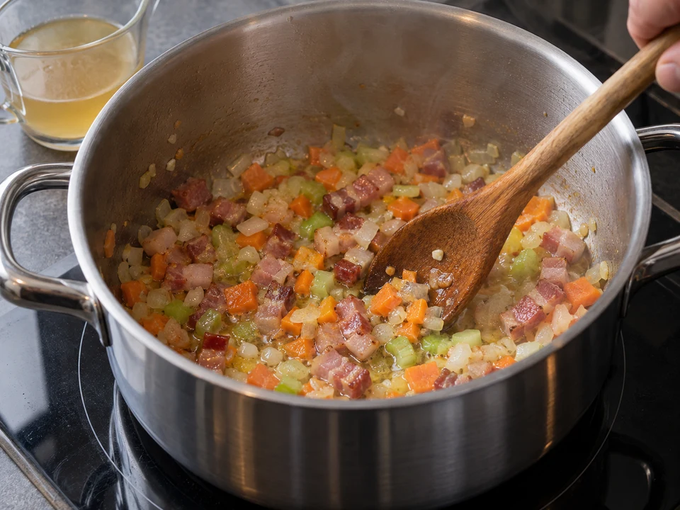 パスタ・エ・レンティッキエ：香味野菜とパンチェッタを炒める様子