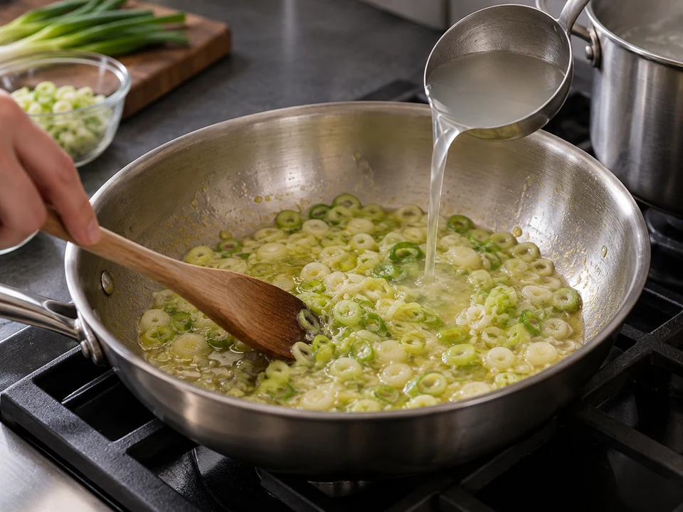 パスタ・エ・ピゼッリ：青ねぎを10〜15分蒸し煮する。