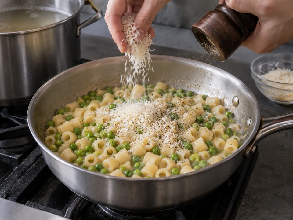 パスタ・エ・ピゼッリ：半ゆでのパスタを豆と仕上げる。