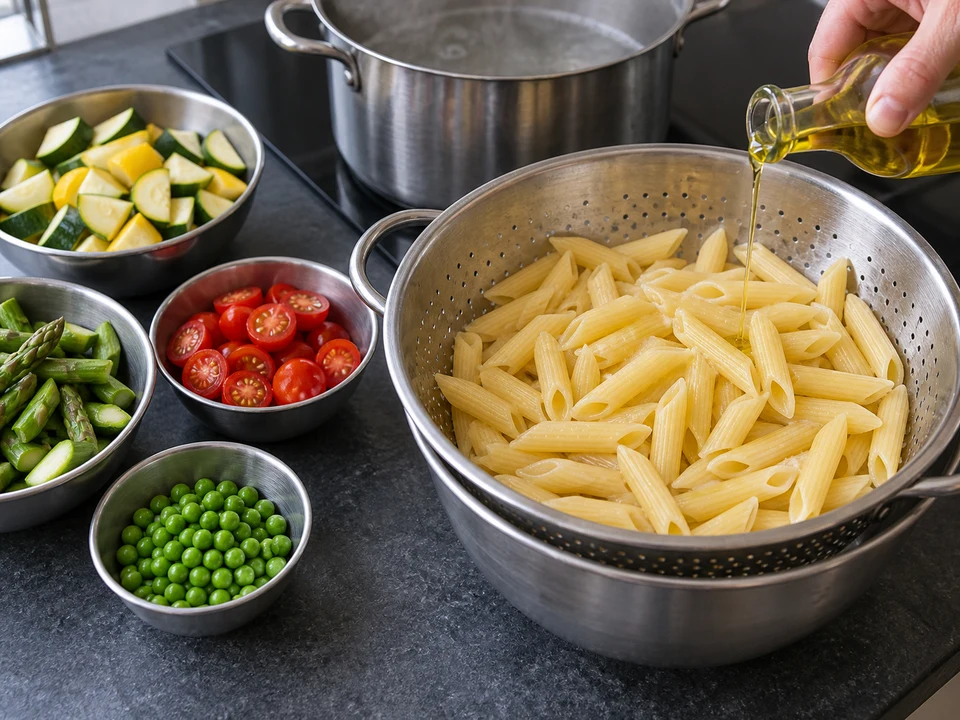 ペンネ・プリマヴェーラ：パスタをアルデンテにする様子
