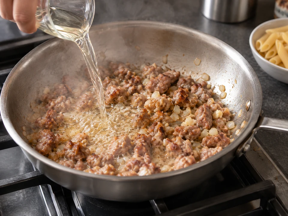 サルシッチャとトマトのペンネ・リガーテ：肉を焼いてデグラッセ。