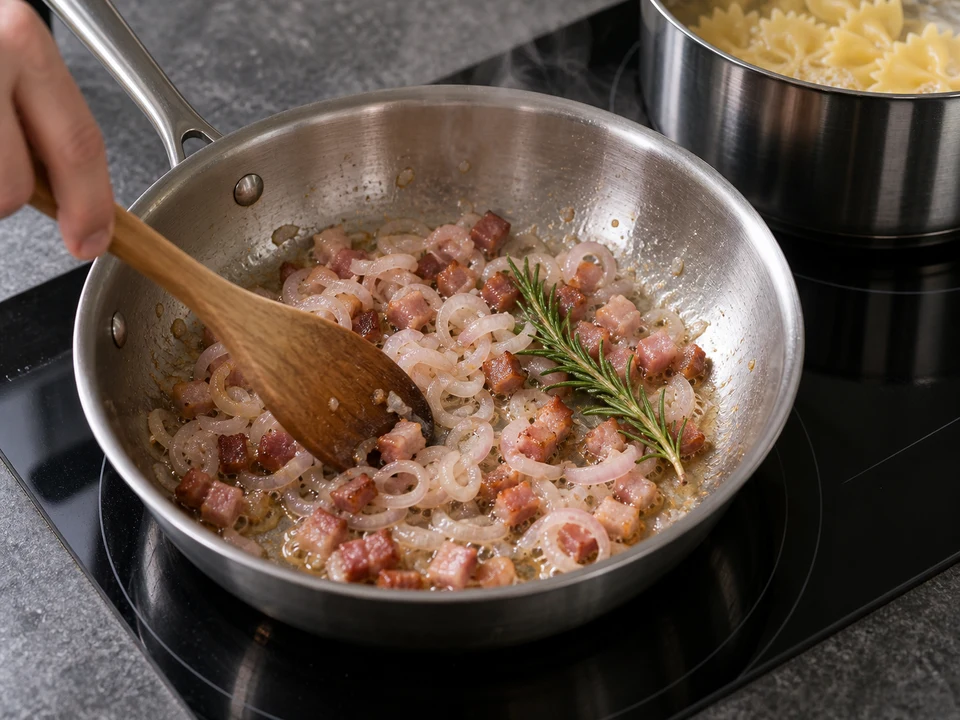 かぼちゃのファルファッレ：香味と肉を焼く様子