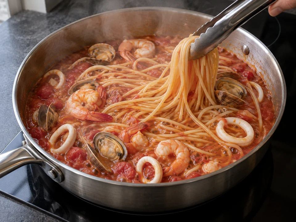 スパゲッティー・ペスカトーレ：麺をソースでゆでる様子