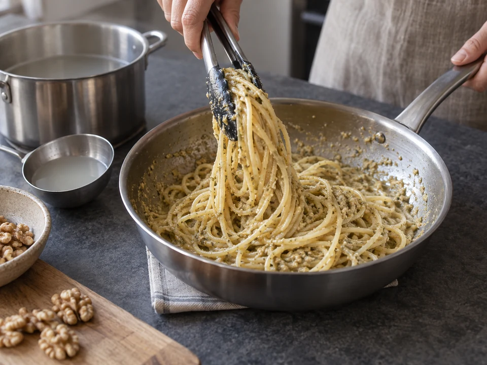 くるみペストのスパゲッティー：火を止めて和える。