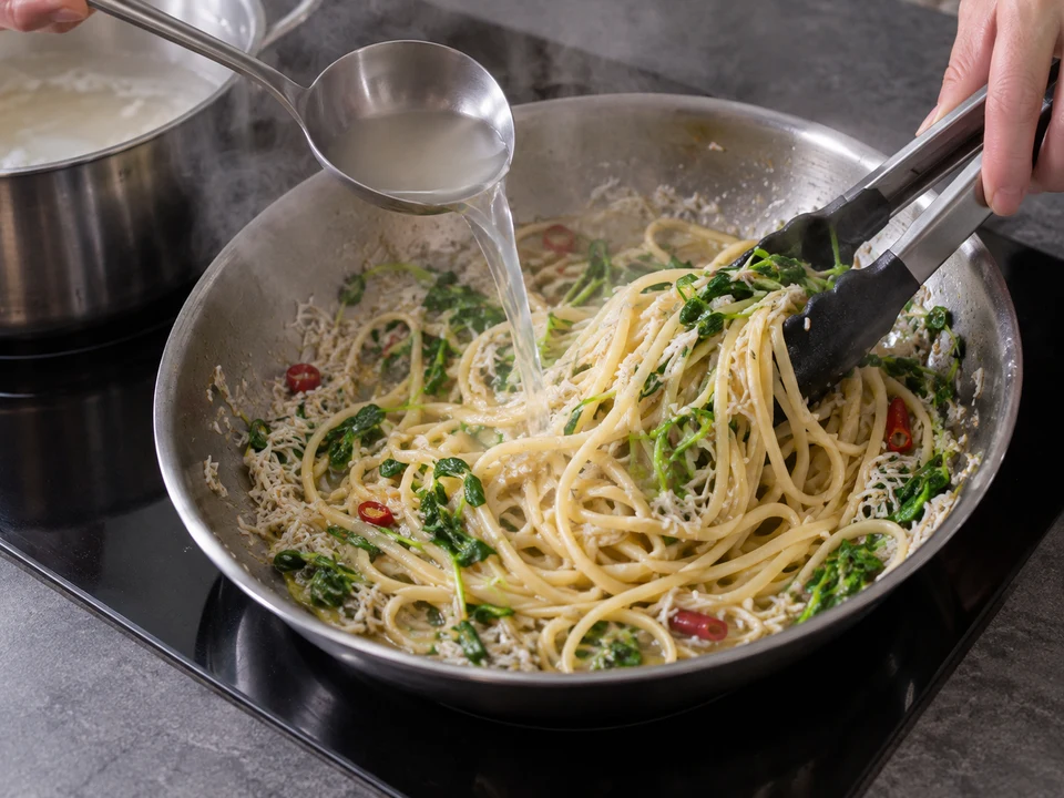 しらすのリングイネ：麺とゆで汁を合わせる様子