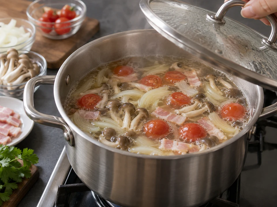 スープスパゲッティー：鶏だしで玉ねぎ、しめじ、ミニトマト、ベーコンを煮る手元。
