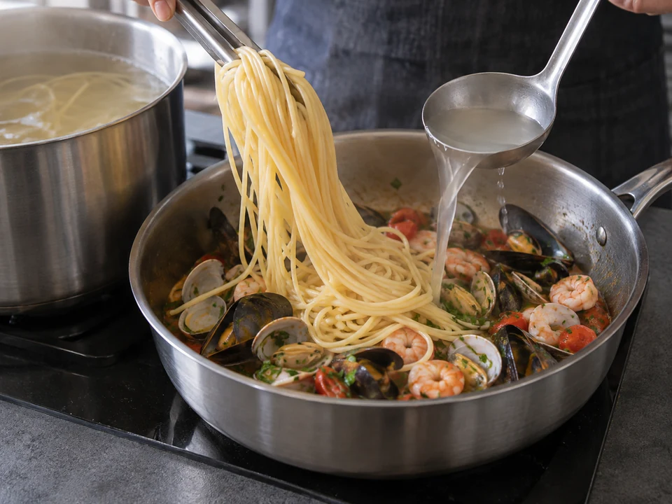 魚介のスパゲッティー・アル・カルトッチョ：麺を早めに上げる。