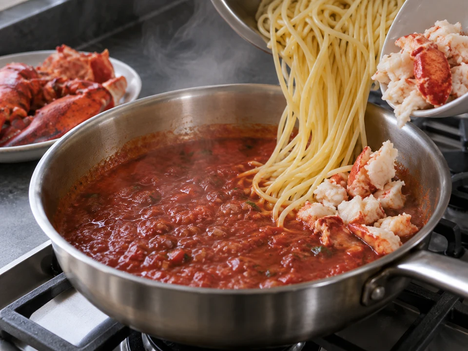 オマール海老のスパゲッティー：煮詰めた海老のトマトソースへスパゲッティーと身を戻す手元。