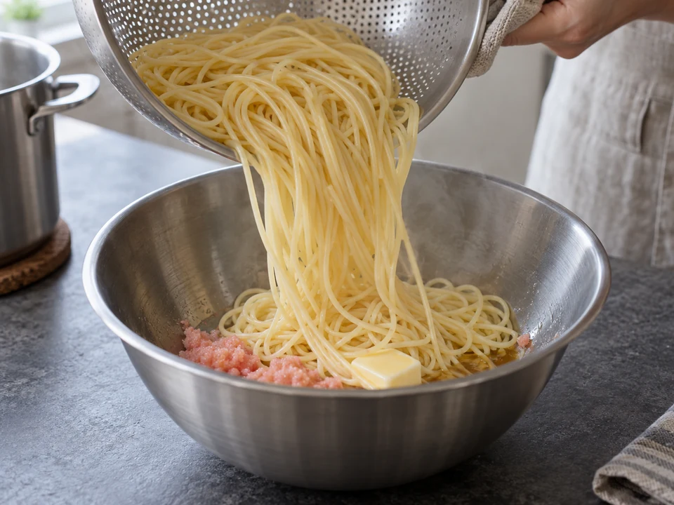 たらこのスパゲッティー：熱い麺を和える。