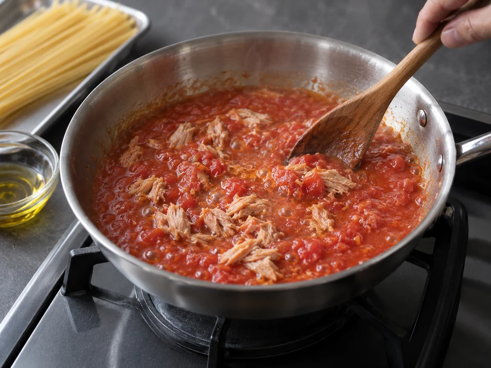 ツナトマトのスパゲッティー：トマトソースを温める。