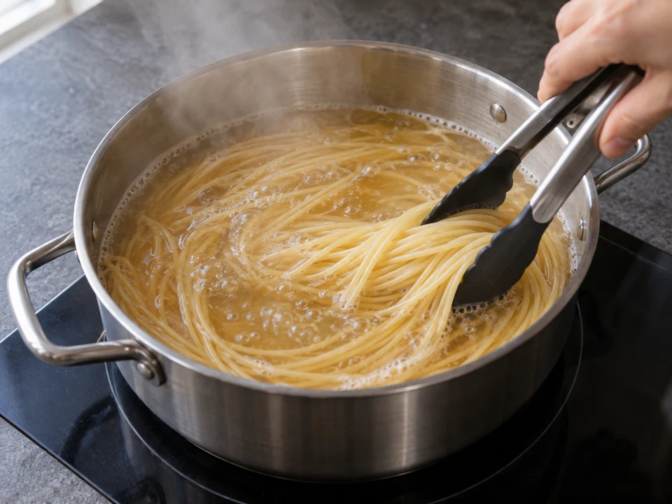 ツナの和風スパゲッティー：だしで麺を煮る様子